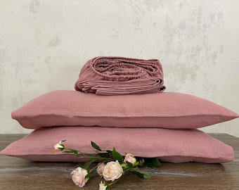 Dusty Rose LINEN SHEET SET Fitted sheed, flat sheet and 2 pillowcases Emerald green color Organic linen bedding Full Queen King Twin sizes