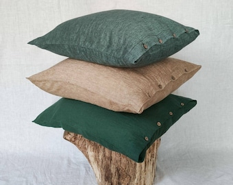 Linen pillowcase with coconut buttons- Envelope closure pillowcase - Natural - Organic - Softened linen - Pillow case