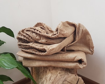 LINEN SHEET SET 2 sheets and 2 pillowcases Golden brown color Organic linen bedding Full Queen King Twin sizes