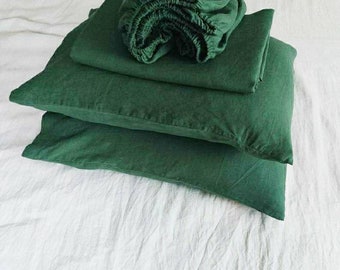 LINEN SHEET SET Fitted sheed, flat sheet and 2 pillowcases Emerald green color Organic linen bedding Full Queen  Twin Christmas Gift