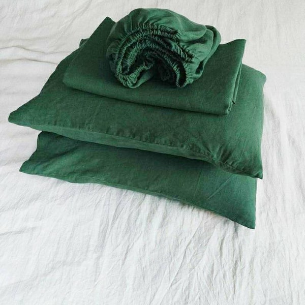 LINEN SHEET SET Fitted sheed, flat sheet and 2 pillowcases Emerald green color Organic linen bedding Full Queen  Twin Christmas Gift