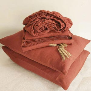 Spannbettlaken SET Spannbettlaken flach und 2 Kissenbezüge Terracotta Farbe Bio Leinen Bettwäsche Full Queen Twin Größen Weihnachtsgeschenk