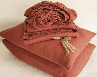 LINEN SHEET SET  Fitted sheet flat sheet and 2 pillow cases Terracotta color Organic linen bedding Full Queen Twin sizes Christmas Gift