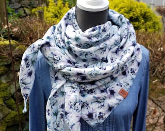 Soft muslin triangular scarf with blue flowers