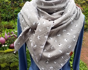 Beautiful triangular scarf made of taupe muslin with white dandelions