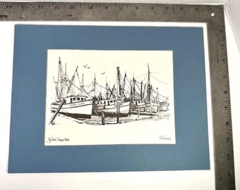 Vtg R E Kennedy des années 1970, gravure à l'encre, bateaux de crevettes Key West feutrés signé bio/COA