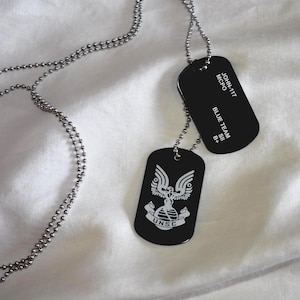 May include: Black dog tags with silver ball chains. One tag features the text "JOHN-117 MCPO BLUE TEAM S8 B+". The other tag has a white emblem and the text "UNSC". The tags are displayed on a white surface.