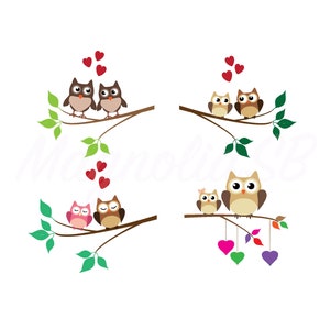 Clipart digital Owl Bundle, cartão para impressão de corujas com corações, arte para impressão de corujas, vetor de conjunto de corujas, EPS, pássaros, download instantâneo de corujas