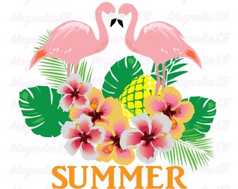 Flamingo & Tropical Flowers PNG Clipart: Summer Graphics (Digital Download)