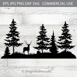Cervi nella foresta di pini SVG, DXF, Clipart di cervi, taglio, cervi e foresta PNG, forma di pino, sagoma dell'albero, natura, tempo libero, sagoma della foresta