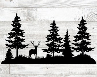 Deer in Pine Forest SVG, DXF, Deer Clipart, cutting, Deer and Forest PNG, Pine shape, Tree silhouette, Nature, Outdoors, Forest Silhouette