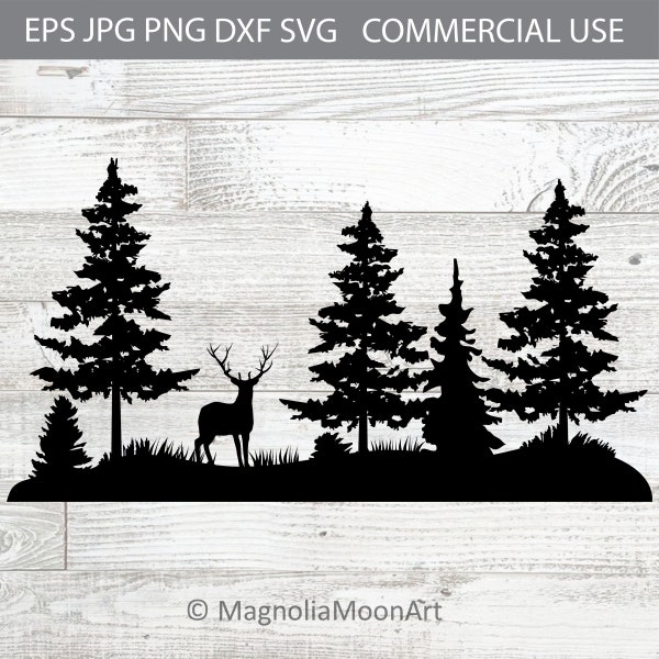 Deer in Pine Forest SVG, DXF, Deer Clipart, cutting, Deer and Forest PNG, Pine shape, Tree silhouette, Nature, Outdoors, Forest Silhouette