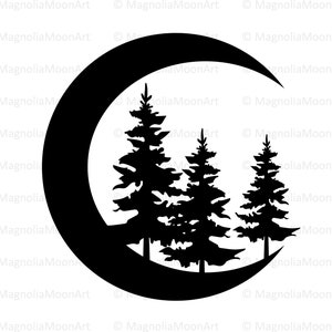 May include: Black and white silhouette of three pine trees inside a crescent moon shape.