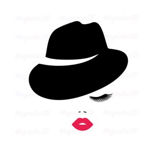 Donna con cappello SVG, Cappello da donna PNG, jpg, Taglio del cappello, Ciglia lunghe, DXF, vettore, Labbra rosa, File di taglio per Cricut, Silhouette del viso di donna, forma
