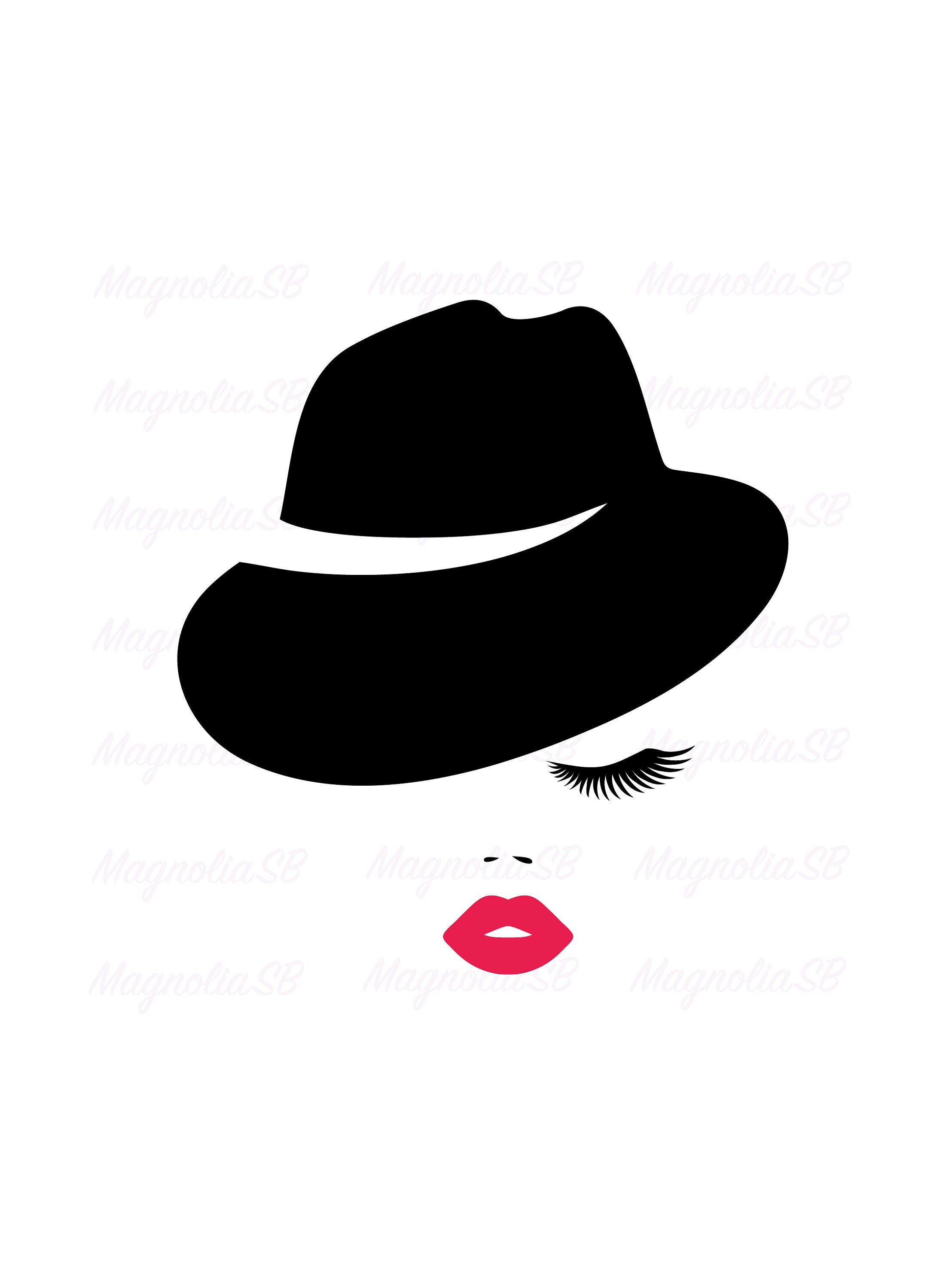 Woman in Hat SVG: Lashes, Pink Lips, Silhouette Cut File