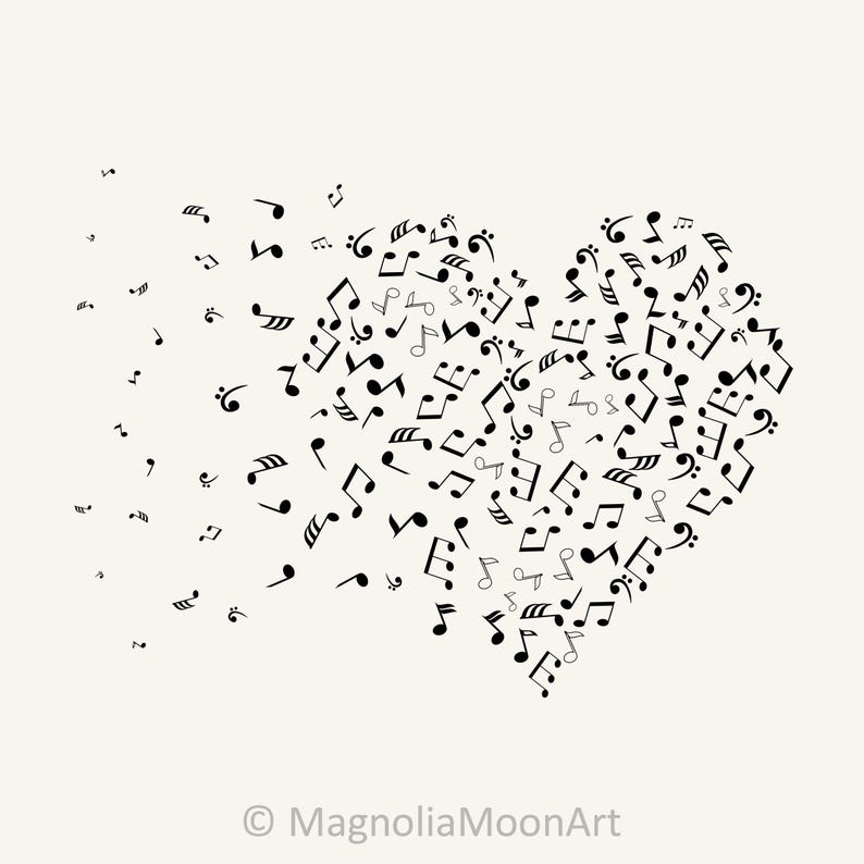 May include: Black and white musical notes arranged in the shape of a heart. The notes are scattered around the heart, creating a whimsical effect.
