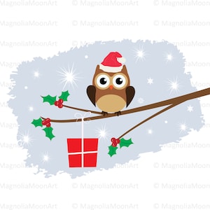 Coruja de Natal com presente, SVG em camadas para Cricut, Design de pássaro de feriado, PNG JPG dxf, clipart de chapéu de Papai Noel, svg de coruja de presente