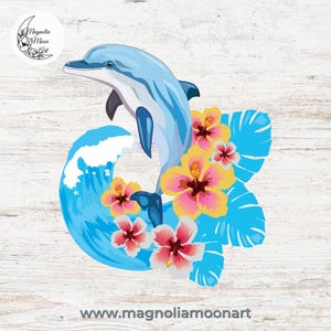 Delfin mit tropischen Blumen Blättern und Meereswelle PNG, Delfin digitale Clip Art, tropischer Vektor, digitaler Download