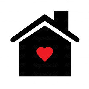Casa SVG, DXF, icona della casa Clipart, taglio, vettore, forma della casa, icona della casa con una silhouette di cuore rosso, silhouette, SVG di San Valentino