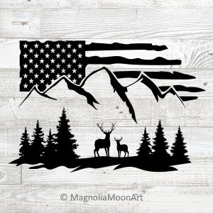 Ciervo y bandera svg, bandera estadounidense svg, archivo de corte para cricut, bosque svg, caza, PNG, dxf, montañas svg, ciervos y montañas svg, silueta