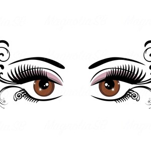 Pode incluir: Um par de olhos estilizados com cílios longos e íris castanhas. Cada olho é rodeado por um desenho floral preto.