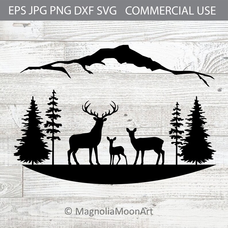 Deer Family SVG: Forest Mountain Silhouette, Cricut Cut File - Etsy