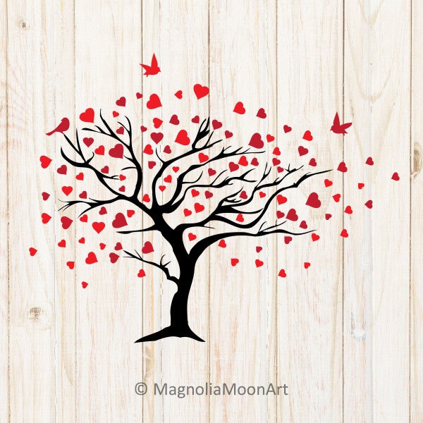 Liefde boom SVG, boom met harten SVG, gesneden bestand voor cricut Valentijn SVG, dwergpapegaaien SVG, harten SVG, PNG, jpg, Valentijnsdag, silhouet