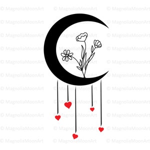 Floral Moon with Hearts SVG: Cricut Cut File (Digital Download)