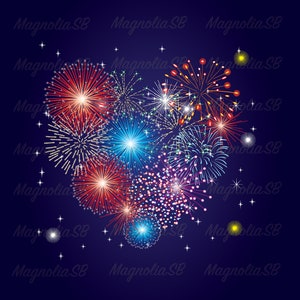Puede incluir: Una colorida exhibición de fuegos artificiales explotando en el cielo nocturno. Los fuegos artificiales son rojos, blancos, azules y morados. El fondo es azul oscuro.