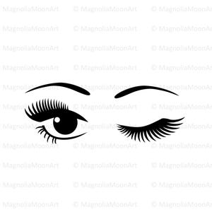 Può includere: Un'illustrazione in bianco e nero di due occhi, uno aperto e uno chiuso. L'occhio chiuso sta strizzando l'occhio. Entrambi gli occhi hanno ciglia lunghe.