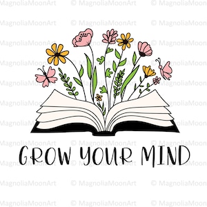 Wachsen Sie Ihren Geist PNG, Blumenbuch digitale Clip Art, Buch mit Blumen PNG, Wachsen Sie Ihren Geist Buchvektor, jpg Datei, digitaler Download, lesend