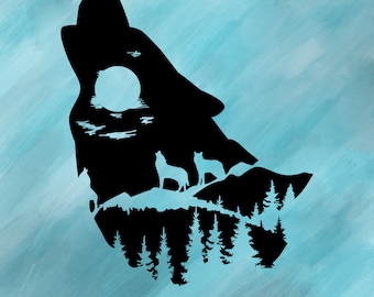 Howling Wolf Silhouette SVG: Forest Landscape Cut File (Digital Download)