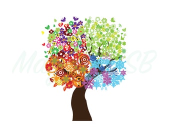 four seasons tree digital clip art printable card printable etsy