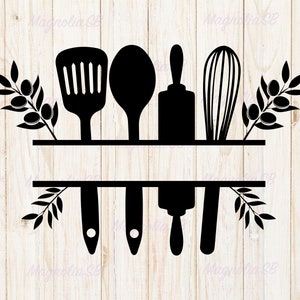 Utensili da cucina Split Monogram SVG, Cucina in formato SVG, Cucina divisa con olive SVG, Cucina in formato SVG, File di taglio cucina, Cricut, Silhouette