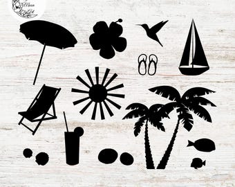 May include: Black silhouette illustrations of beach-themed objects, including an umbrella, flower, hummingbird, flip-flops, sailboat, lounge chair, sun, palm trees, a drink, shells, and fish. The text "www.magnoliamoonart.com" is at the bottom.
