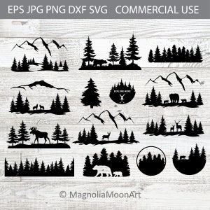 Pacchetto foresta in formato SVG, Foresta in formato SVG, Alberi in formato SVG, file di taglio per cricut, pino, abete, cervi in formato SVG, PNG, jpg, alci, lupi in formato SVG, famiglia di orsi in formato SVG
