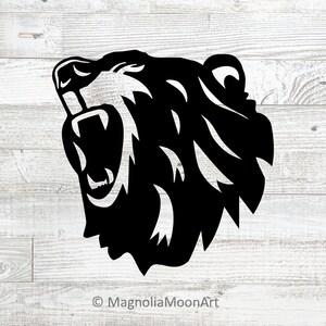 May include: Black and white silhouette of a bear's head with its mouth open in a roar. The bear's fur is stylized with jagged lines.