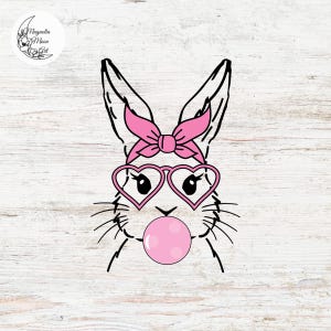 Niedlicher Hase mit Bandana Brille Bubblegum SVG, Kaninchen mit Herz Brille Clip Art, Ostern Vektor digitaler Download Silhouette