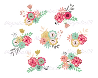 May include: Six floral bouquets with pink, yellow, green, and white flowers. The bouquets are arranged in a circle on a white background.