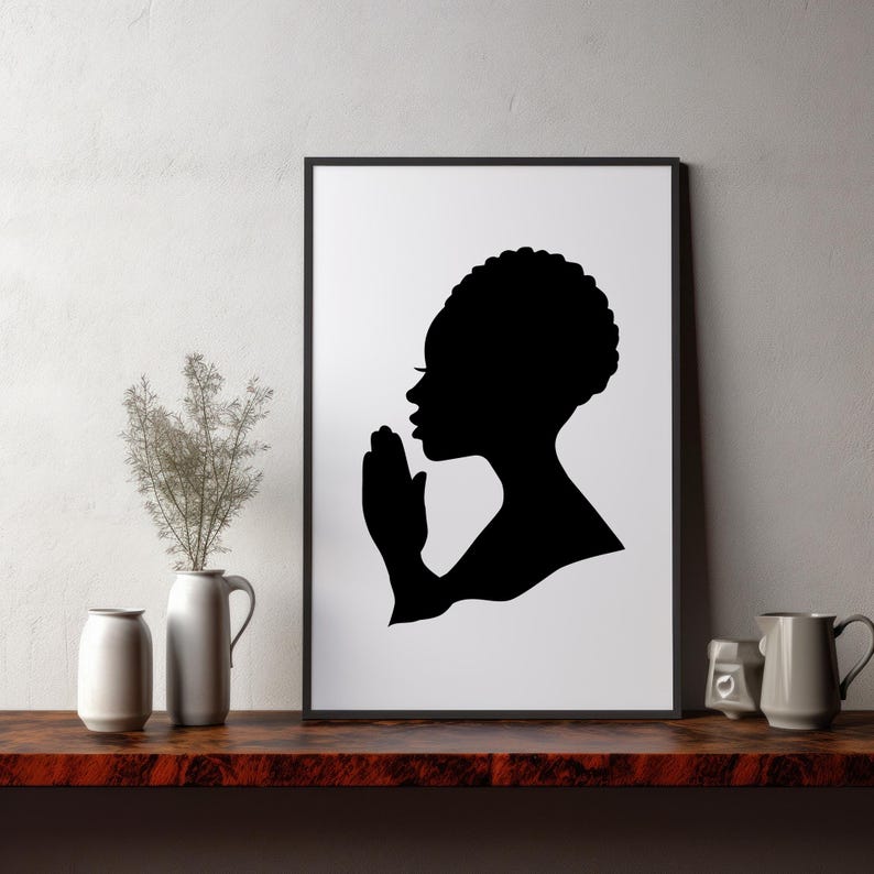 Hand Drawn Woman Praying Silhouette svg file | DXF file for laser cut | Christian Faith clip art | Woman of Faith vector | Afro Woman