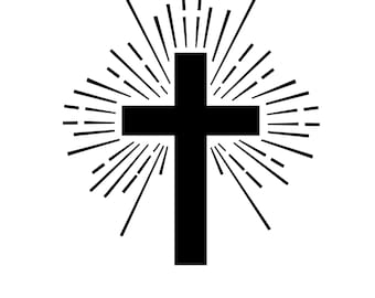 May include: Black and white silhouette of a cross with a sunburst design behind it.