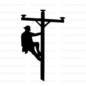 Könnte beinhalten: Silhouette eines Arbeiters, der einen Strommast mit Querbalken und Isolatoren hinaufklettert.