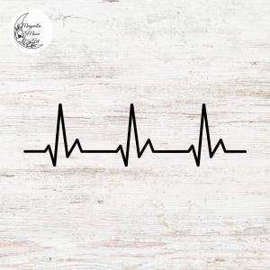 May include: A black and white line art illustration of a heartbeat on a white wood background.