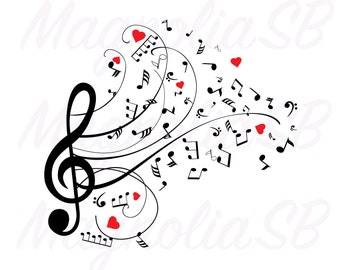 Clef with Musical Notes and Hearts SVG: Music Clip Art (Digital Download)