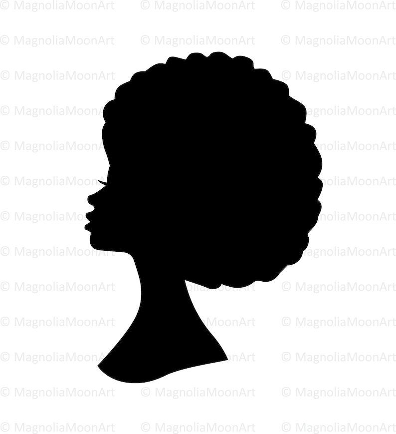 May include: A black silhouette of a person with an afro hairstyle. The person is facing to the side and has a neutral expression.