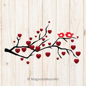 Galho de árvore com corações e pássaros SVG, Dia dos Namorados svg, Love Birds svg, Corações svg, PNG, arquivo cortado para cricut, Valentine svg, silhueta