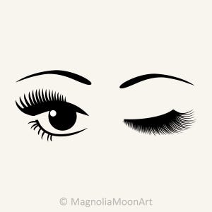 May include: A black and white illustration of a pair of eyes, one open and one closed with eyelashes. The closed eye is winking.