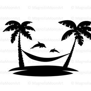 Svg palmiers et hamac, dauphins SVG, fichier coupé pour cricut, conception de chemise, PNG, vacances, plage svg, svg plage d'été, svg vacances d'été