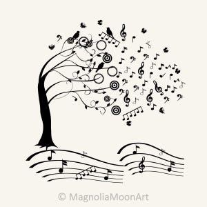 Árbol musical SVG, árbol DXF, árbol con notas musicales y pájaros Clipart, corte, vector de árbol musical, forma de árbol, silueta de árbol musical