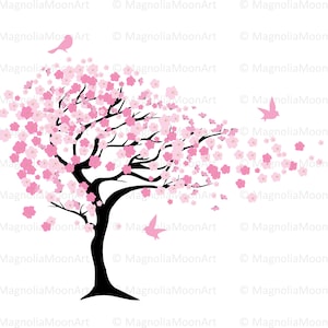 Ciliegio con uccelli clip art digitale, ciliegio e uccelli PNG, albero in fiore PNG, fiore di ciliegio png, uso commerciale, magnoliasb